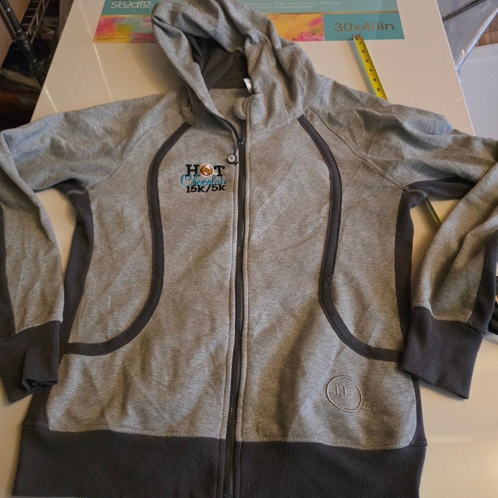 Hot Chocolate 15k 5k Race Hoodie Womens L Gray Full Zip Fleece Alanic Sweatshirt